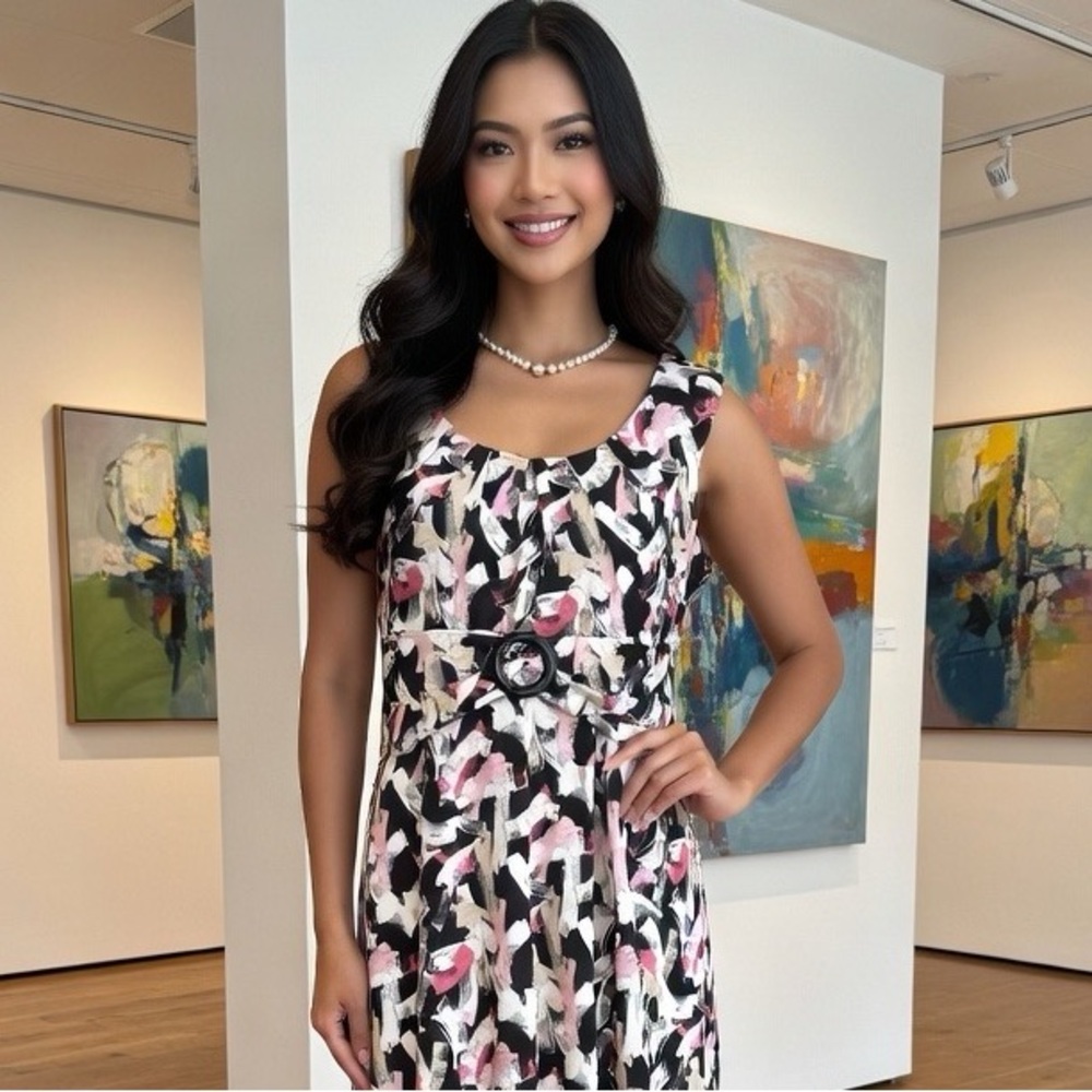 Perceptions Black and Pink Patterned Midi Dress
